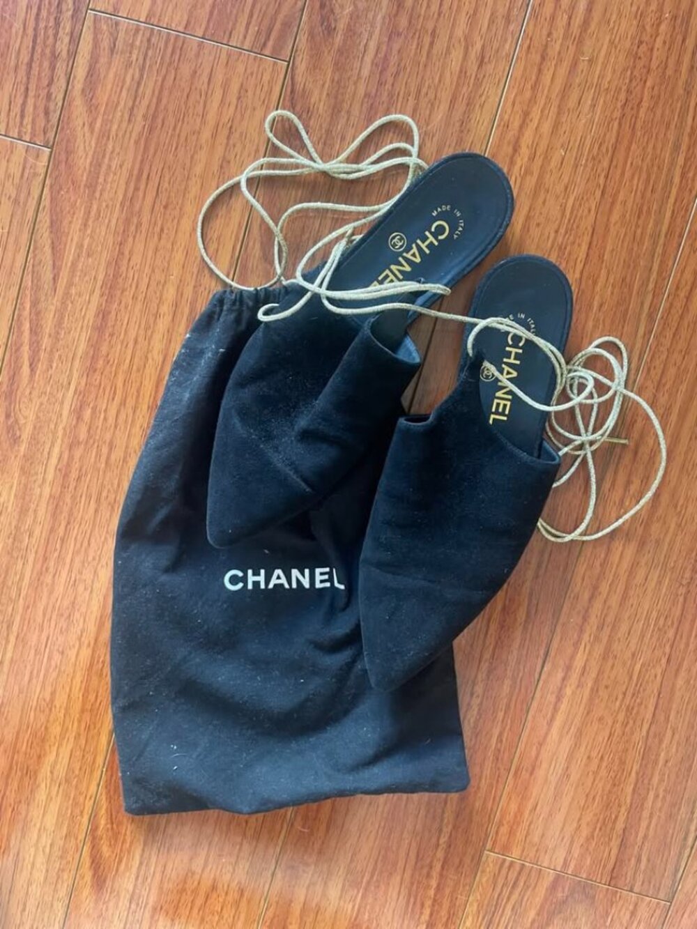 Chanel Black Suede Pointed Toe Flat Mules with Gold Ankle Wrap